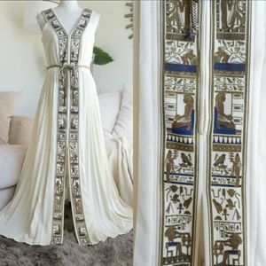 Vintage Shaheen Pleated Egyptian Hieroglyph Panel Maxi Open Front Dress